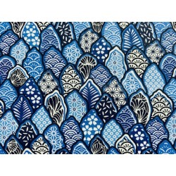 Tissu Matcha feuilles aux motifs japonisant fond bleu - Coton OekoTex