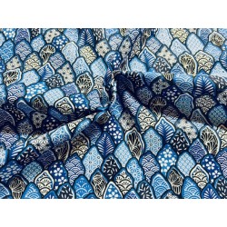 Tissu Matcha feuilles aux motifs japonisant fond bleu - Coton OekoTex