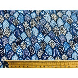 Tissu Matcha feuilles aux motifs japonisant fond bleu - Coton OekoTex