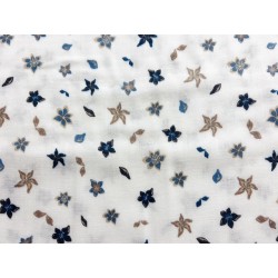 Double Gaze imprimée fleurs bleues et beiges - OekoTex