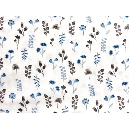 Double Gaze imprimée fleurs et feuilles bleues et beiges - OekoTex
