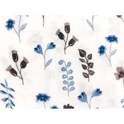 Double Gaze imprimée fleurs et feuilles bleues et beiges - OekoTex