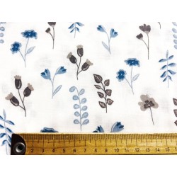 Double Gaze imprimée fleurs et feuilles bleues et beiges - OekoTex