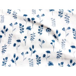 Double Gaze imprimée fleurs et feuilles bleues - OekoTex