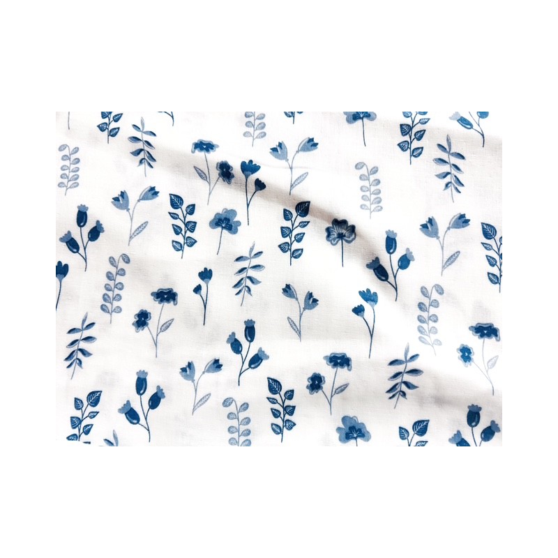 Double Gaze imprimée fleurs et feuilles bleues - OekoTex Double Gaze imprimée fleurs et feuilles bleues - OekoTex