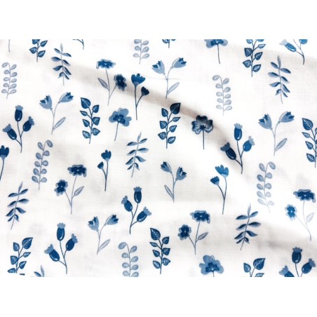 Double Gaze imprimée fleurs et feuilles bleues - OekoTex