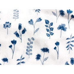 Double Gaze imprimée fleurs et feuilles bleues - OekoTex