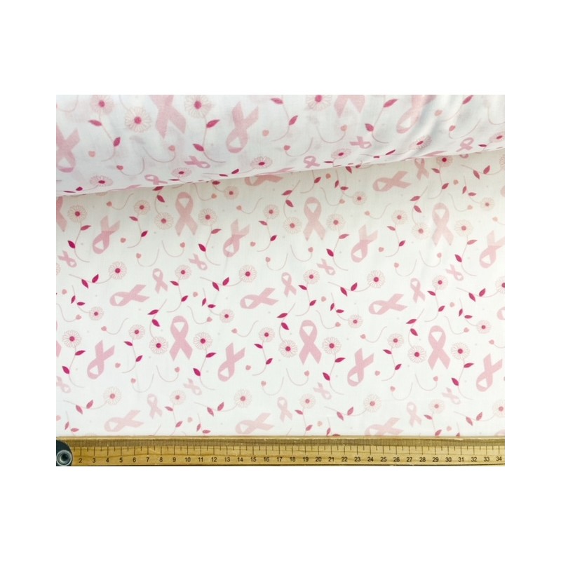 Octobre Rose : Tissu Ruban rose sur fond blanc - 100 % Coton percale OekoTex Octobre Rose : Tissu Ruban rose sur fond blanc - 100 % Coton percale OekoTex
