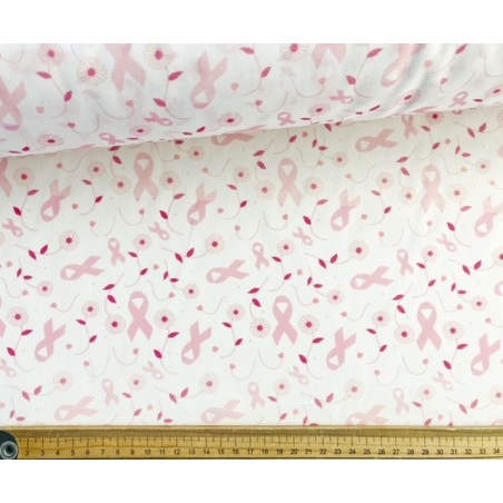 Octobre Rose : Tissu Ruban rose sur fond blanc - 100 % Coton percale OekoTex