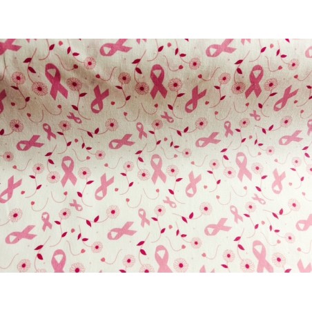 Octobre Rose : Tissu Ruban rose sur fond blanc - 100 % Coton percale OekoTex