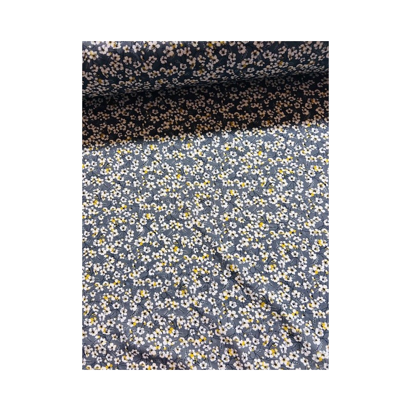 Viscose imprimée : Yoko fleurs sur fond gris