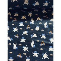 Tissu Yogicat Chats yoga fond bleu effet jean - Coton OekoTex