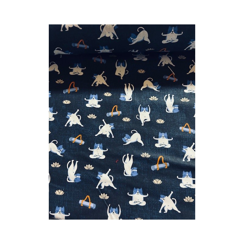 Tissu Yogicat Chats yoga fond bleu effet jean - Coton OekoTex