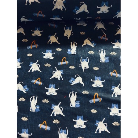 Tissu Yogicat Chats yoga fond bleu effet jean - Coton OekoTex