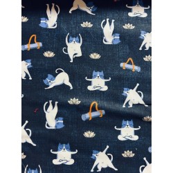 Tissu Yogicat Chats yoga fond bleu effet jean - Coton OekoTex