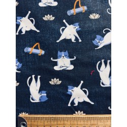Tissu Yogicat Chats yoga fond bleu effet jean - Coton OekoTex