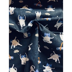 Tissu Yogicat Chats yoga fond bleu effet jean - Coton OekoTex
