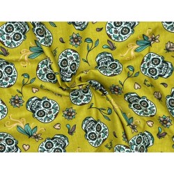 Tissu petit prix Calaveras fond moutarde - Coton OekoTex