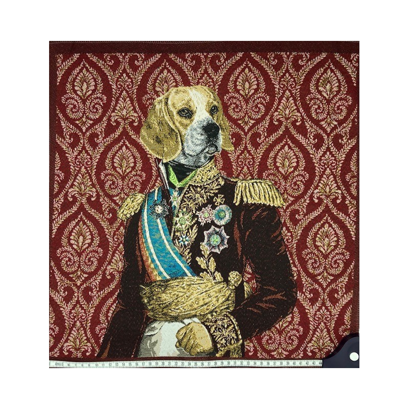 Carré Jacquard 44*44cm Tissé en France : Maréchal Beagle fond bordeaux