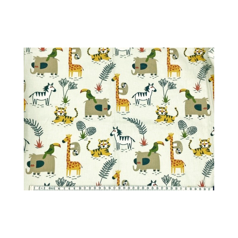 Tissu Coton Kanaki Animaux Jungle Fond Beige Oekotex