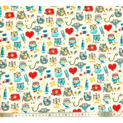 tissu medical soignant sos hiboux fond ivoire coton oekotex coloriage prinuipalmarkt