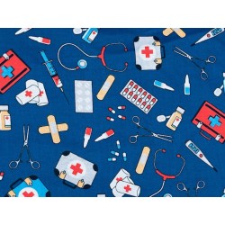 Tissu Medical Infirmiere Trousse De Soins Fond Bleu Indigo Coton Oekotex