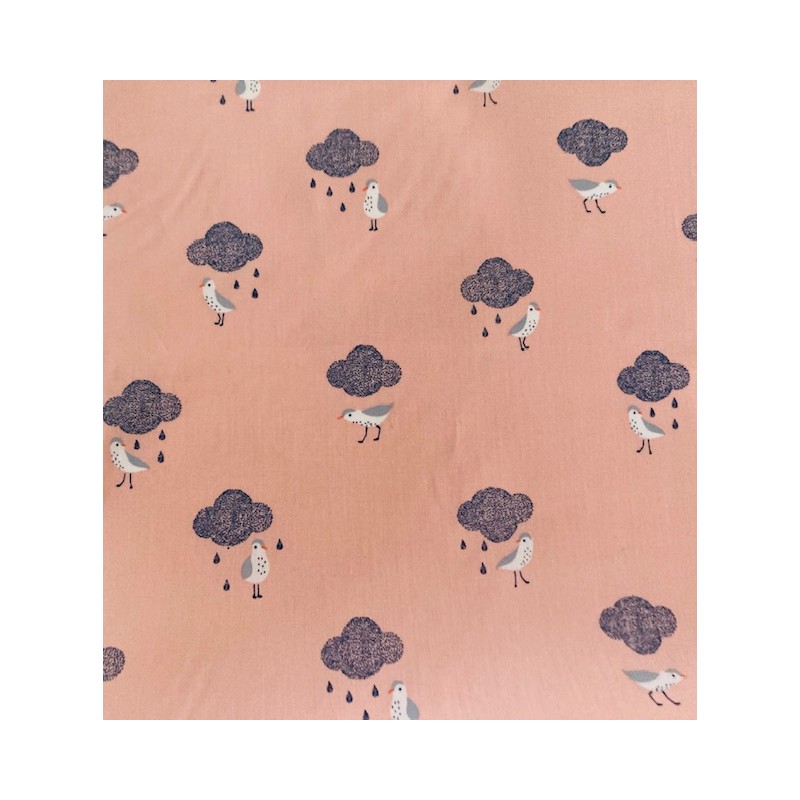 Tissu Waterproof Katia oiseaux sous la pluie sur fond rose poudré - OekoTex