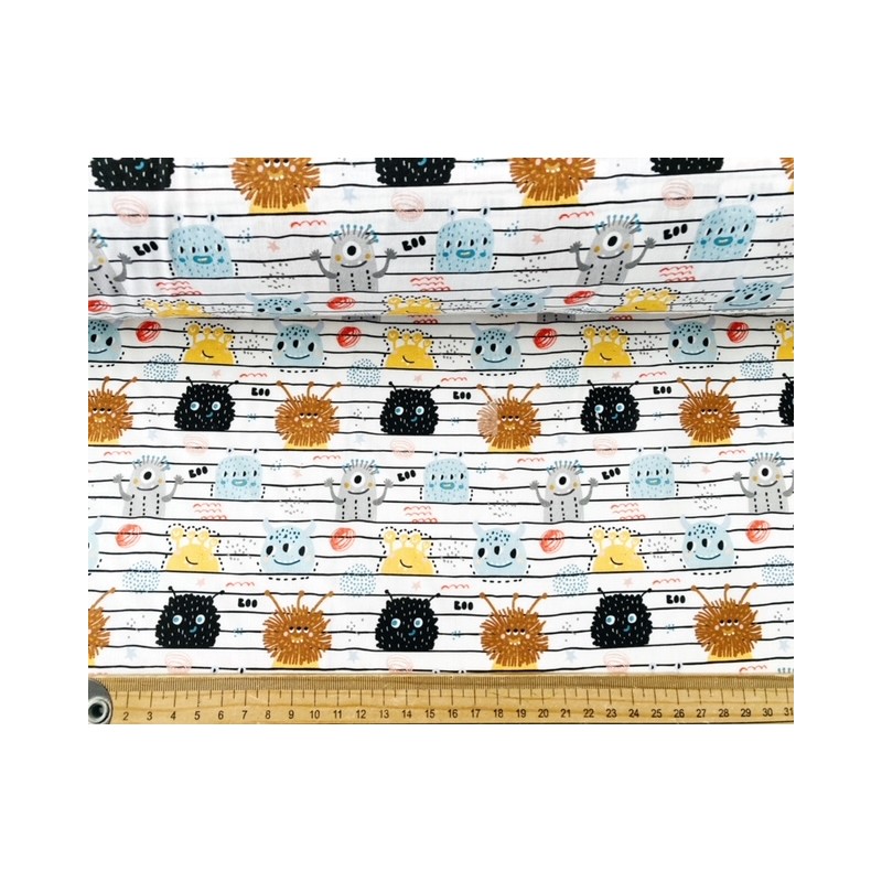 Monstres rigolos sur cahier fond blanc - Coton OekoTex