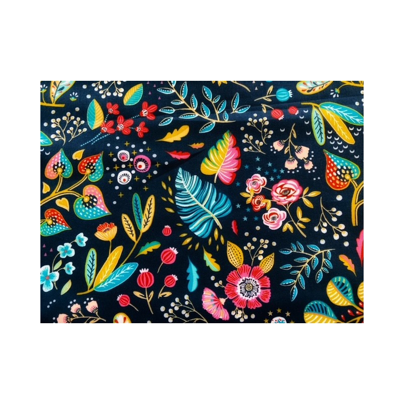 Tissu Ancolie fleurs colorées sur fond marine - Coton OekoTex