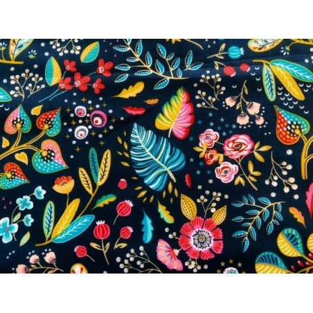 Tissu Ancolie fleurs colorées sur fond marine - Coton OekoTex