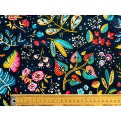 Tissu Ancolie fleurs colorées sur fond marine - Coton OekoTex
