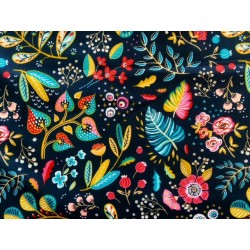 Tissu Ancolie fleurs colorées sur fond marine - Coton OekoTex