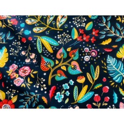 Tissu Ancolie fleurs colorées sur fond marine - Coton OekoTex