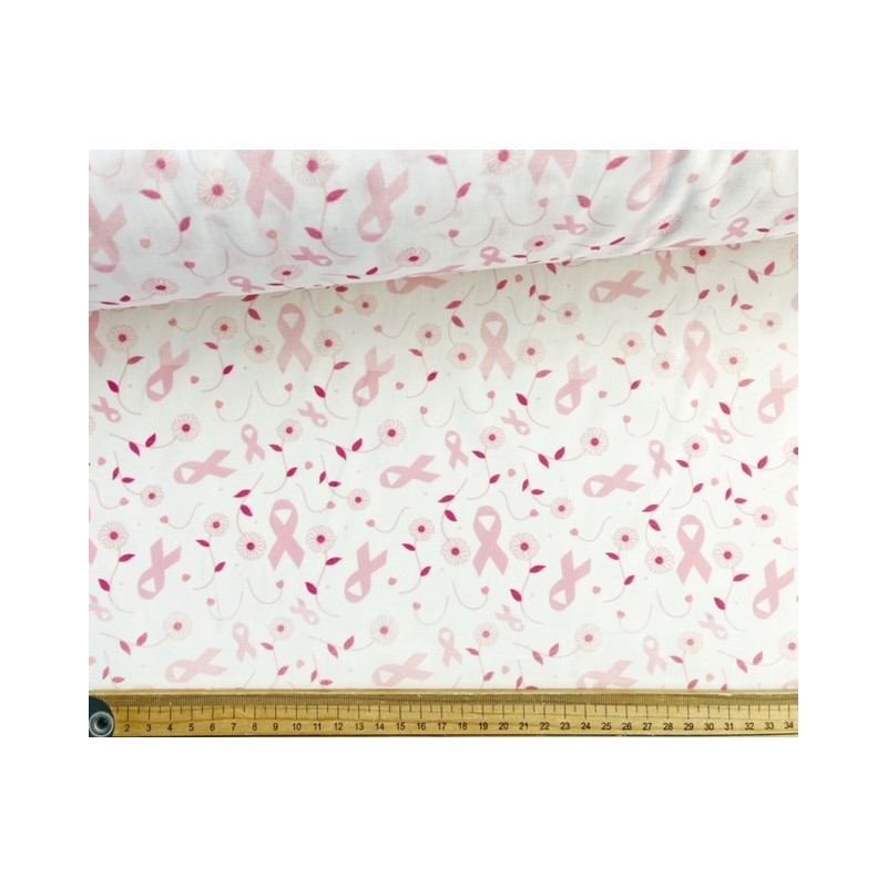 Octobre Rose : Tissu Ruban rose sur fond blanc - Coton bio GOTS