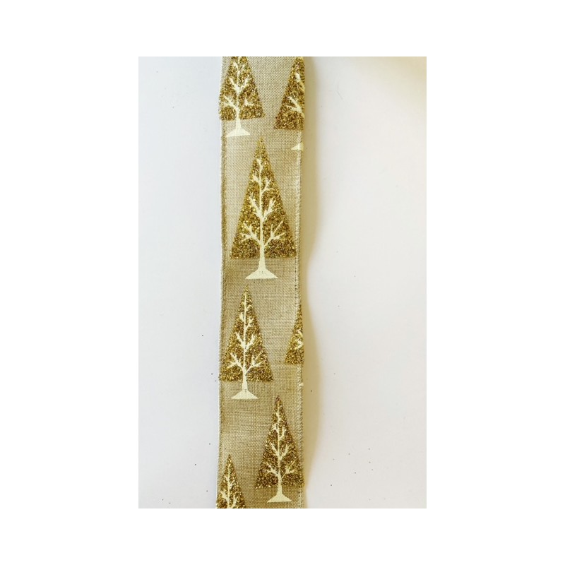 Ruban Sapin de Noël  à paillettes dorées 35mm.